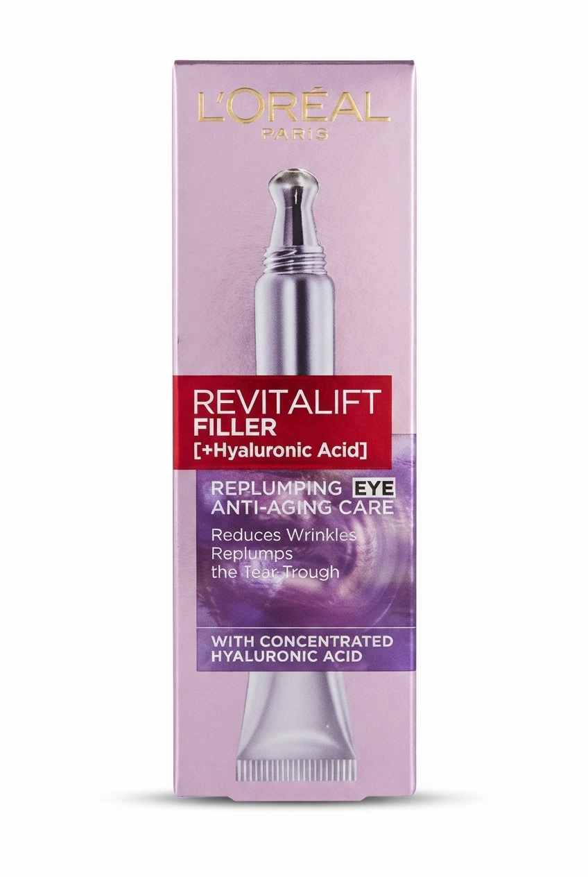 کرم دور چشم لورآل مدل Revitalift Filler برای رفع گودی زیر چشم L’Oreal Paris Revitalift Filler Eye Cream anti-aging care اپلیکاتور فلزی کرم دور چشم لورآل فیلر هیالورونیک اسید بهترین دور چشم ضد چروک لورآل فیلر اصل L’Oreal Eye Serum