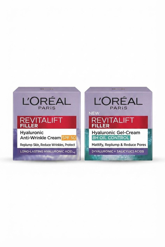 کرم ضدچروک لورآل Revitalift Filler Hyaluronic SPF50، آبرسان روزانه و محافظ پوست L’Oréal ژل کرم لورآل Revitalift Filler Hyaluronic 8H Oil Control، آبرسان و کنترل چربی پوست L’Oréal Paris