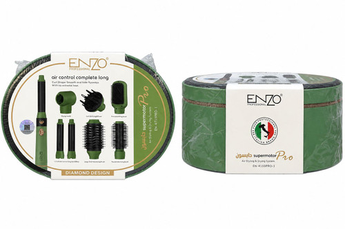 ست کامل سشوار و فرکننده مو انزو حرفهای Enzo Professional Air Control مدل EN-4133PRO-1 با کیف سبز لوکس و سریهای متنوع حالتدهنده طرح دایسون.