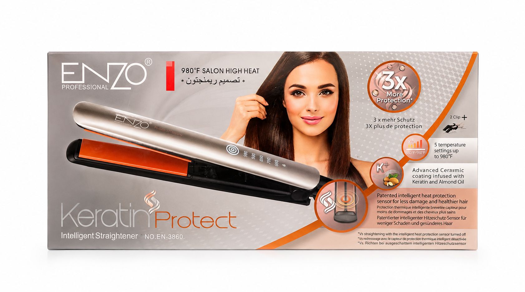 اتو موی حرفه‌ای انزو مدل ENZO Keratin Protect EN-3860 با تکنولوژی هوشمند محافظت از مو و صفحات سرامیکی کراتینه با روغن بادام.