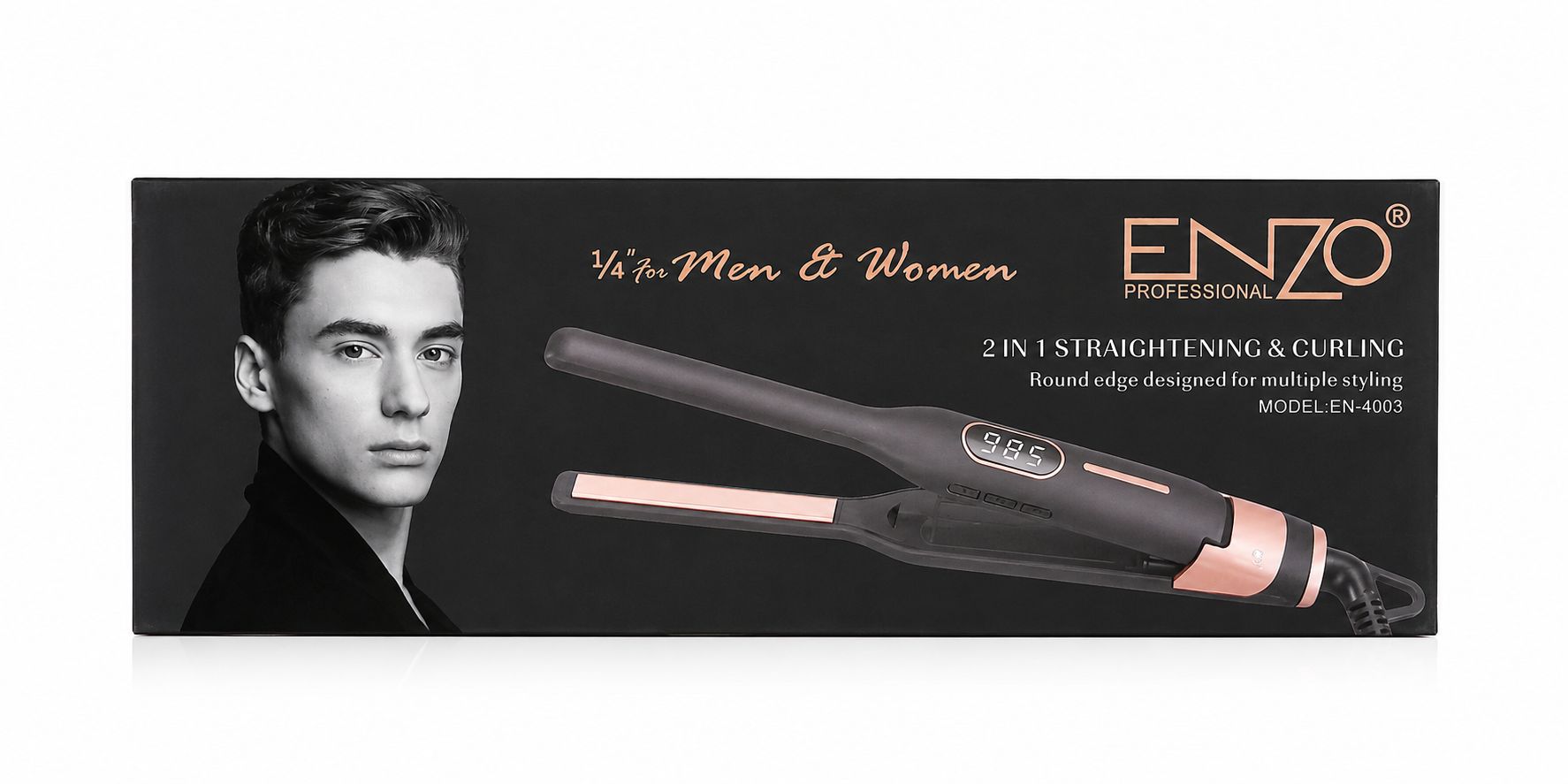 اتو موی حرفهای ENZO مدل EN-4003 با قابلیت صافکنندگی و فرکنندگی. دارای نمایشگر دیجیتال ۹۸۵ درجه و طراحی رزگلد لوکس. مناسب هدیه و استفاده مشترک.