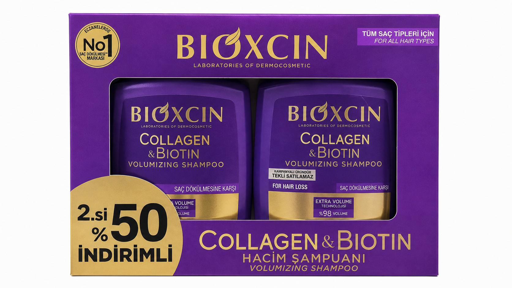 «ست دوتایی شامپو بیوکسین کلاژن و بیوتین مدل Collagen & Biotin Volumizing Shampoo، شامپو حجم دهنده مو با فناوری Extra Volume، مناسب انواع مو و مراقبت از موهای مستعد ریزش»