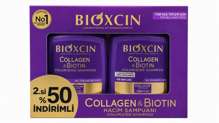 «ست دوتایی شامپو بیوکسین کلاژن و بیوتین مدل Collagen & Biotin Volumizing Shampoo، شامپو حجم دهنده مو با فناوری Extra Volume، مناسب انواع مو و مراقبت از موهای مستعد ریزش»