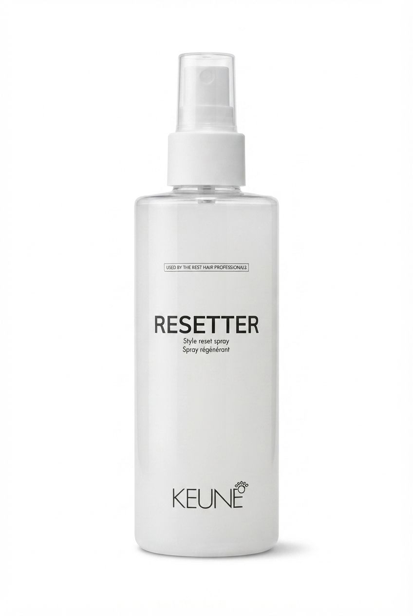 اسپری ریست استایل مو کئون Keune Style Resetter 200ml مدل Microbiome Bond-Building با محافظت حرارتی تا 230 درجه، فناوری Bond Fuser، پریبیوتیک، بتائین و روغن رزماری مناسب انواع مو