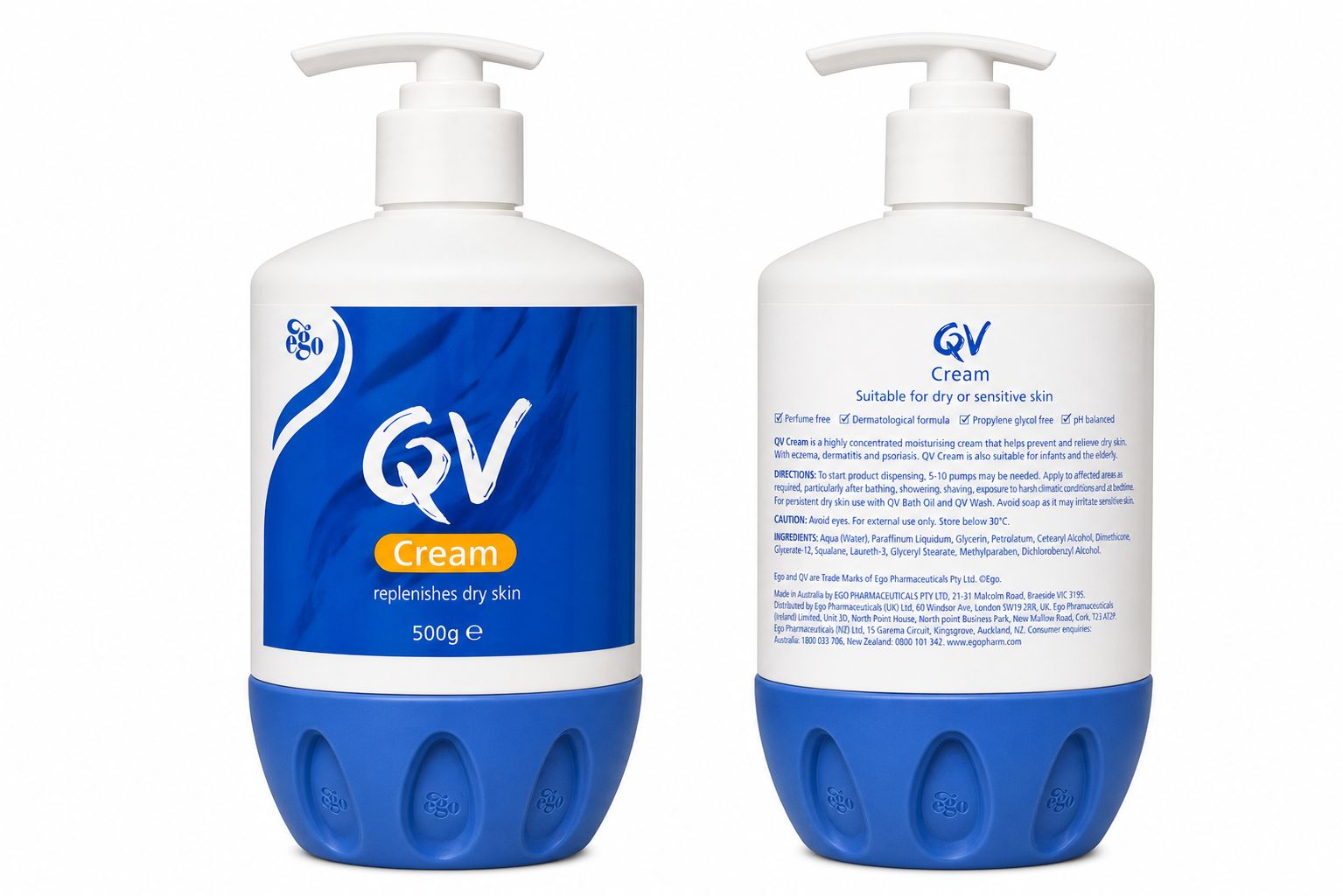 کرم مرطوبکننده QV Cream ایگو 500 گرم، مناسب پوست خشک و حساس، بدون عطر، ساخت استرالیا، با بستهبندی پمپی سفید و آبی