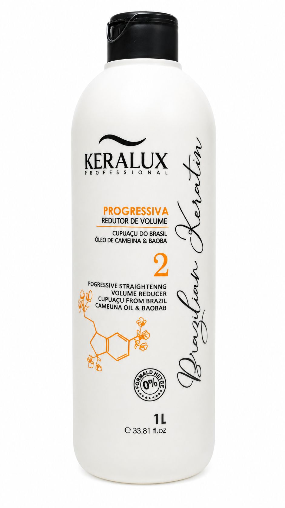 کراتین مو برزیلی Keralux Professional Progressiva Redutor de Volume یک لیتری، محصول Step 2 برای کاهش حجم، صافی و کنترل وز مو، با فرمول بدون فرمالدهید و بسته‌بندی سفید و مشکی
