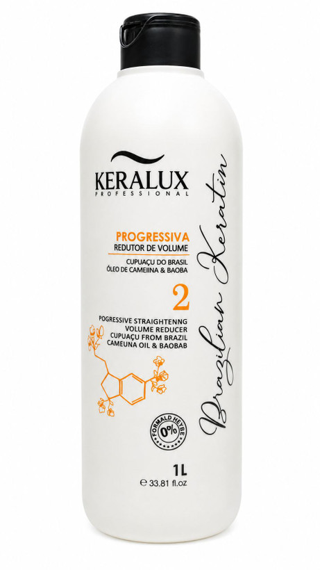 کراتین مو برزیلی Keralux Professional Progressiva Redutor de Volume یک لیتری، محصول Step 2 برای کاهش حجم، صافی و کنترل وز مو، با فرمول بدون فرمالدهید و بستهبندی سفید و مشکی