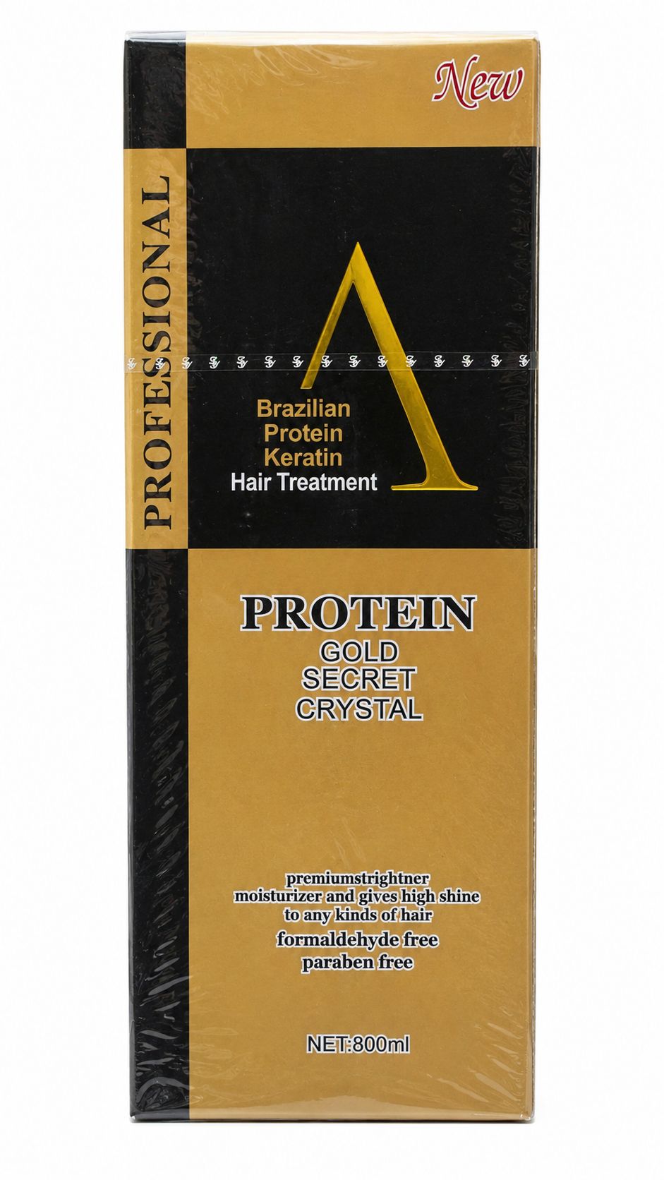 جعبه کراتین مو Protein Gold Secret Crystal Brazilian Protein Keratin Hair Treatment 800ml با طراحی مشکی و طلایی، مناسب صافی، احیا و درخشش مو، بدون فرمالدهید و پارابن کراتین مو Protein Gold Secret Crystal 800ml، محصول Brazilian Protein Keratin برای صافی و ا