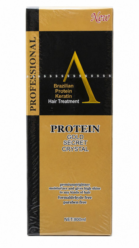 جعبه کراتین مو Protein Gold Secret Crystal Brazilian Protein Keratin Hair Treatment 800ml با طراحی مشکی و طلایی، مناسب صافی، احیا و درخشش مو، بدون فرمالدهید و پارابن کراتین مو Protein Gold Secret Crystal 800ml، محصول Brazilian Protein Keratin برای صافی و ا