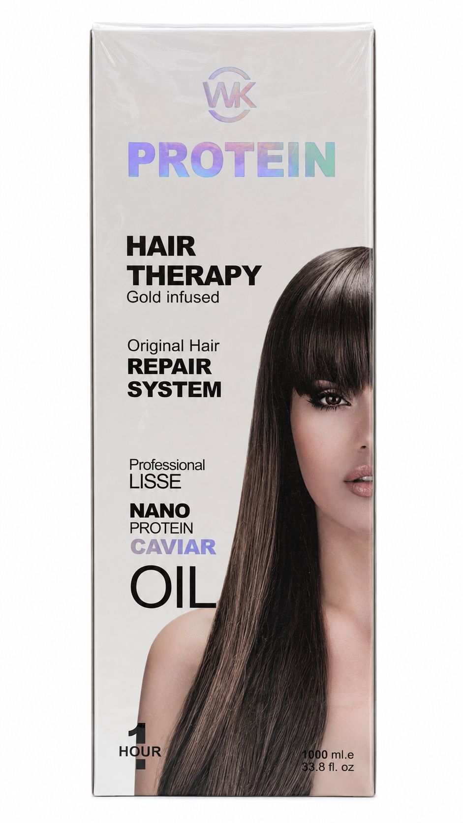 جعبه کراتین مو WK Protein Hair Therapy Gold Infused 1000ml با طراحی سفید و تصویر مدل مو صاف، مناسب احیا، صافی و کاهش وز مو، حاوی Nano Protein و Caviar Oil پروتئین مو WK Hair Therapy Gold Infused 1000ml، محصول حرفه‌ای برای ترمیم و صافی مو