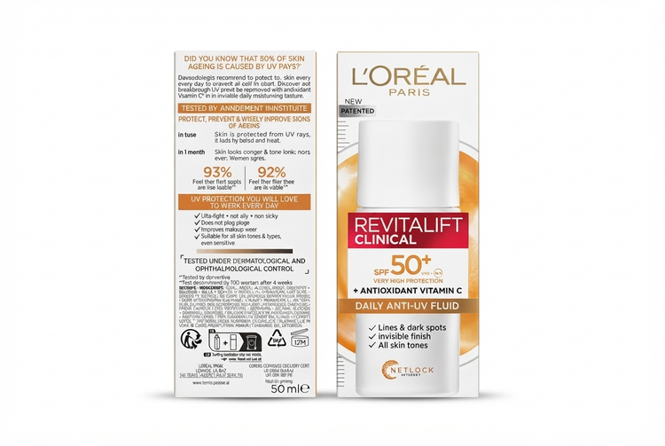 ضدآفتاب لورآل پاریس Revitalift Clinical SPF 50+ با ویتامین C، فلویید روزانه سبک و نامرئی برای محافظت و روشنکنندگی پوست
