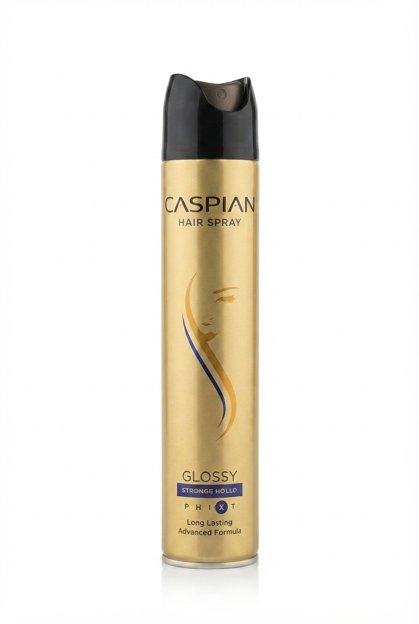 اسپری حالت‌دهنده و براق‌کننده مو کاسپین مدل گلاسی طلایی Caspian Glossy Gold Strong Hold Spray