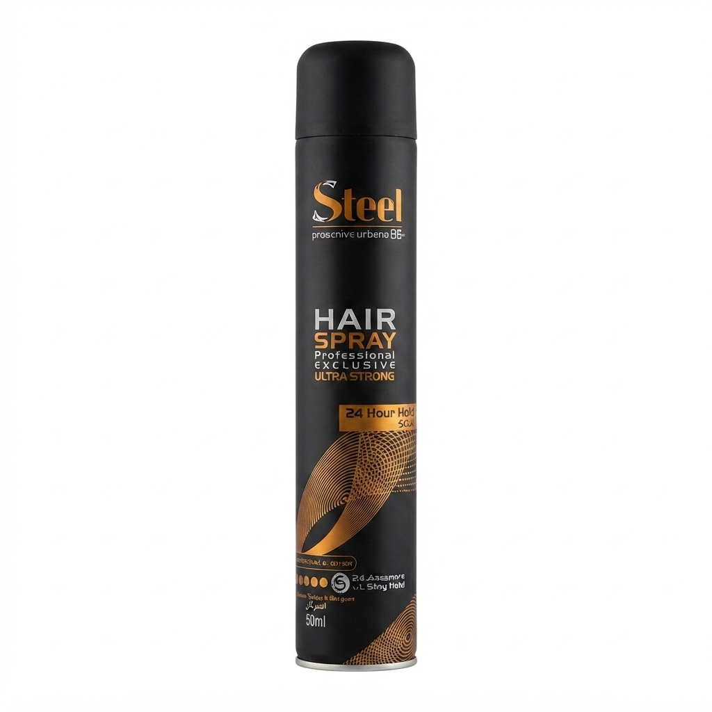 اسپری مو استیل شماره 5 (STEEL Hair Spray No.5) با قدرت نگهدارندگی 24 ساعته (24-Hour Hold)، تثبیت‌کننده قوی (Strong Fixation) انواع استایل‌های مو، بدون ایجاد سفیدک یا چسبندگی، ماندگاری بالا در برابر رطوبت، مناسب برای مصرف سالنی و حرفه‌ای، حجم استاندارد، حال