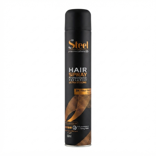 اسپری مو استیل شماره 5 (STEEL Hair Spray No.5) با قدرت نگهدارندگی 24 ساعته (24-Hour Hold)، تثبیتکننده قوی (Strong Fixation) انواع استایلهای مو، بدون ایجاد سفیدک یا چسبندگی، ماندگاری بالا در برابر رطوبت، مناسب برای مصرف سالنی و حرفهای، حجم استاندارد، حال