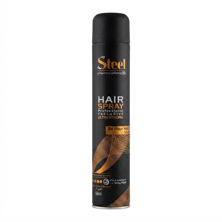 اسپری مو استیل شماره 5 (STEEL Hair Spray No.5) با قدرت نگهدارندگی 24 ساعته (24-Hour Hold)، تثبیتکننده قوی (Strong Fixation) انواع استایلهای مو، بدون ایجاد سفیدک یا چسبندگی، ماندگاری بالا در برابر رطوبت، مناسب برای مصرف سالنی و حرفهای، حجم استاندارد، حال