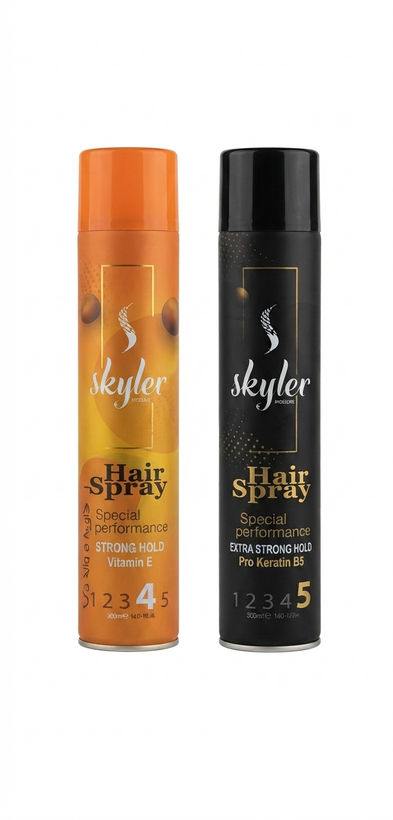 اسپری مو اسکایلر نارنجی شماره 4 (Skyler Hair Spray Orange No.4) و مشکی شماره 5 (Black No.5)، قدرت نگهدارندگی قوی (Strong Hold)، مناسب برای تثبیت و حالتدهی مو، ماندگاری طولانی، مناسب برای استایلهای مختلف، حجم مناسب، محصول آرایشی و بهداشتی مو.