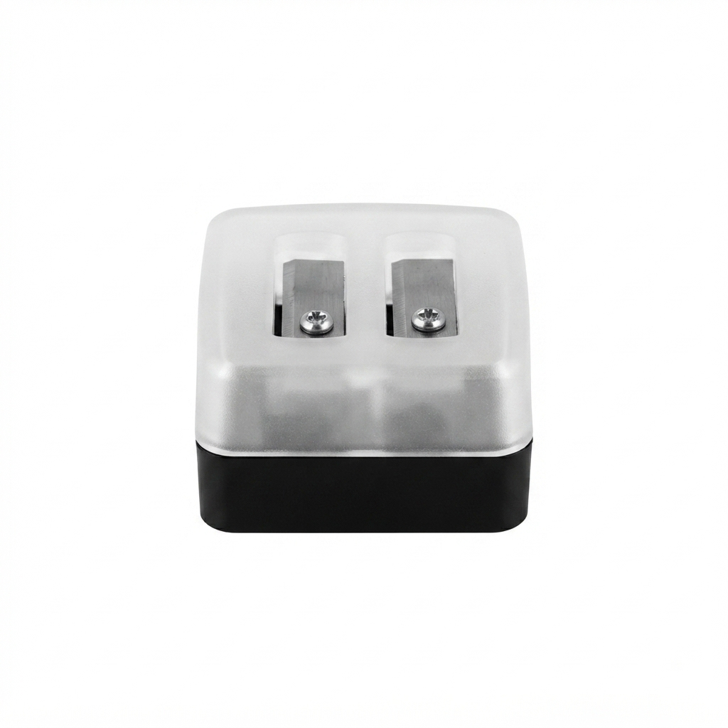 تراش آرایشی دوقلو درپوشدار با دو سوراخ، cosmetic pencil sharpener با طراحی مربعی و کیفیت بالا، مناسب تراش مداد چشم و لب.