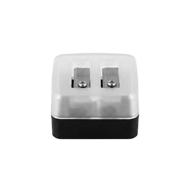 تراش آرایشی دوقلو درپوشدار با دو سوراخ، cosmetic pencil sharpener با طراحی مربعی و کیفیت بالا، مناسب تراش مداد چشم و لب.