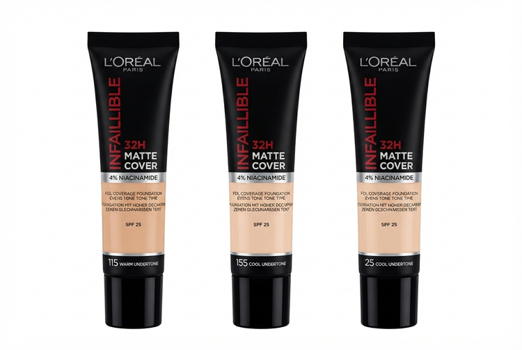 کرم پودر لورآل اینفالیبل L’Oreal Infallible 32H Matte Cover با ماندگاری ۳۲ ساعته و پوشش مات و مخملی، غنی شده با ۴٪ نیاسینامید، شمارههای ۱۱۵، ۱۵۵ و ۲۵ ، کرم پودر مات لورآل مدل Infallible 32H در سه شماره ۱۱۵، ۱۵۵ و ۲۵ با پوششدهی ۲۴ ساعته و حاوی نیاسینامید