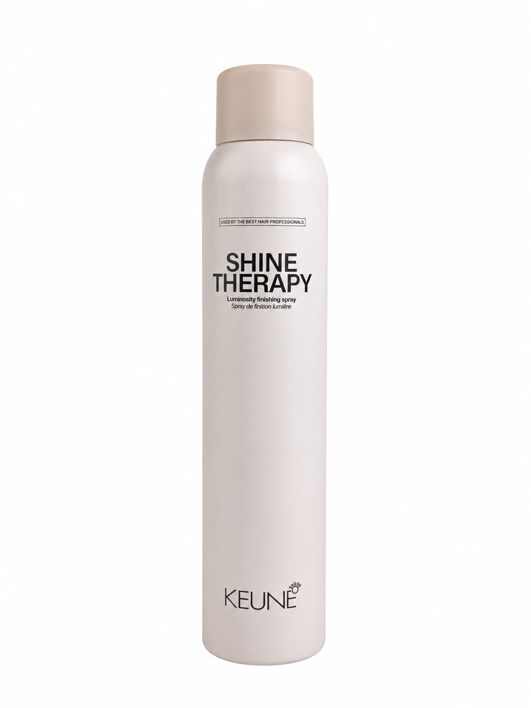 اسپری فینیشینگ درخشانکننده مو کئون (Keune) مدل Shine Therapy؛ اسپری حرفهای برای براق کردن و تثبیت استایل مو ،بطری اسپری براقکننده مو Keune Shine Therapy با بستهبندی سفید-کرم، مخصوص افزایش درخشش و فینیش حرفهای مو