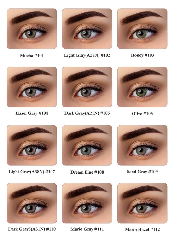 نمونه رنگ لنز آرین فصلی با کدهای مختلف از موکا #101 تا مارین هیزل #112، Arian Seasonal Contact Lenses shades chart