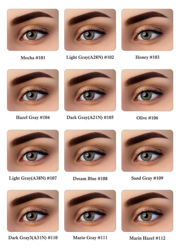 نمونه رنگ لنز آرین فصلی با کدهای مختلف از موکا #101 تا مارین هیزل #112، Arian Seasonal Contact Lenses shades chart