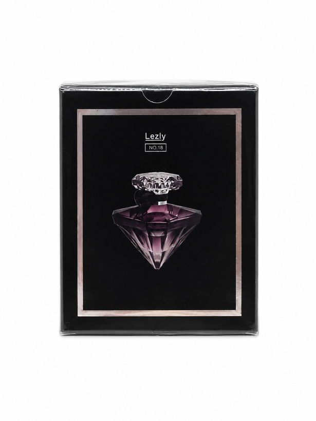عطر مینی لزلی مدل Lezly No.18 با بطری الماسیشکل بنفش و بستهبندی مشکی