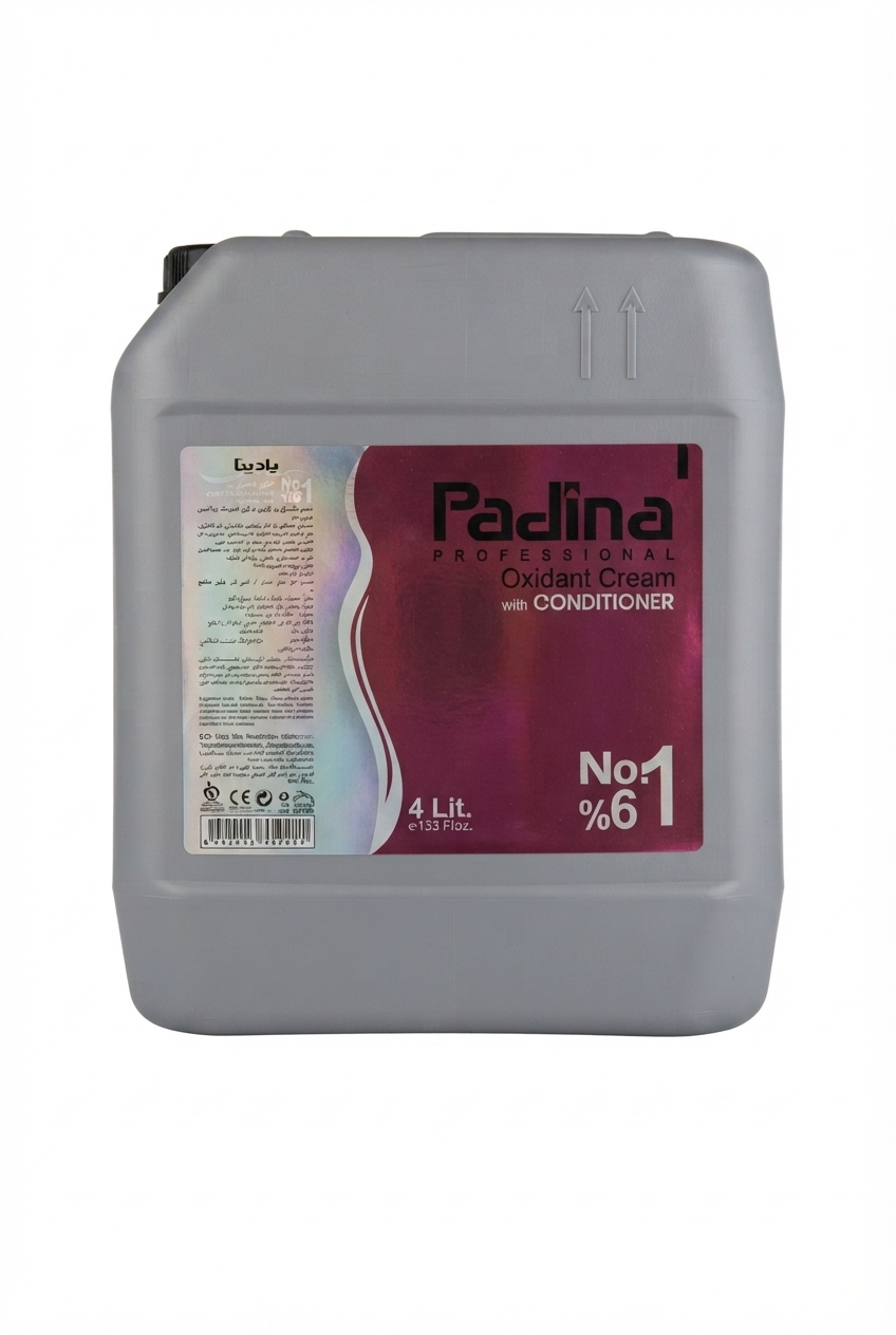 اکسیدان ۴ لیتری پادینا ۶ درصد حاوی نرمکننده مخصوص سالنهای زیبایی. Padina professional oxidant cream 6% with conditioner 4L volume for hair salons.