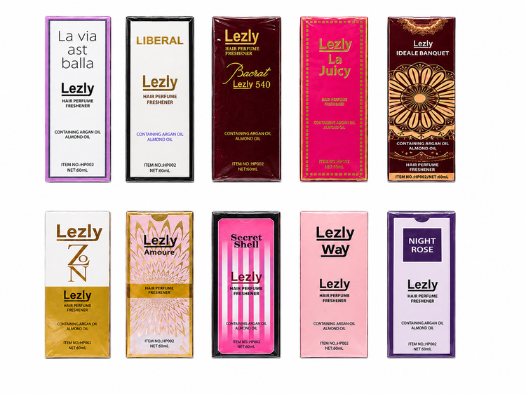 مجموعه کامل عطر موهای لزلی (Lezly) غنیشده با روغن آرگان و بادام؛ شامل ۱۰ رایحه محبوب و پرفروش مدلهای La vie est balla، Liberal، Baorat، La Juicy، Ideale Banquet، Zon، Amoure، Secret Shell، Lezly Way و Night Rose.”