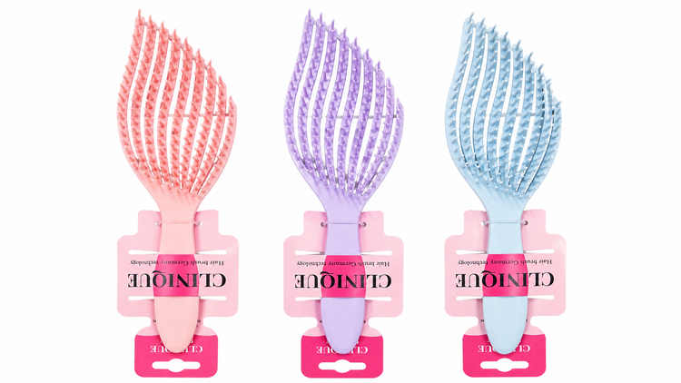 برس مو سیلیکونی انعطافپذیر ضدگره در سه رنگ صورتی، یاسی و آبی، flexible silicone detangling hair brush مناسب موهای خیس و خشک و موی فر