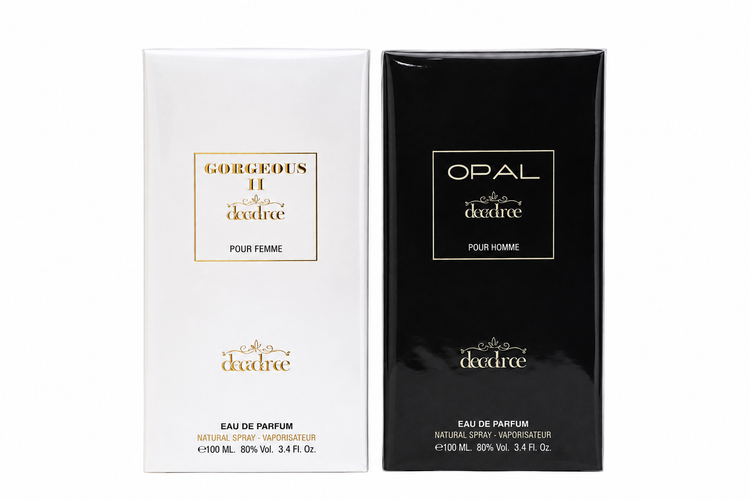 ست عطر کاپلی دیدری شامل جعبه سفید عطر زنانه Gorgeous II Pour Femme و جعبه مشکی عطر مردانه Opal Pour Homme، دو ادوپرفیوم ۱۰۰ میلیلیتری با طراحی طلایی لوکس برای زوجها.