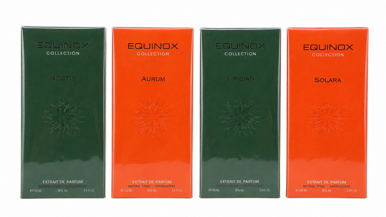مجموعه عطر Equinox Collection هرموسو در چهار مدل Noctis سبز تیره، Aurum نارنجی، Viridian سبز و Solara نارنجی، ادوپرفیوم 100ml یونیسکس با طراحی لوکس و رایحههای میوهای، چوبی، وانیلی و گلی.
