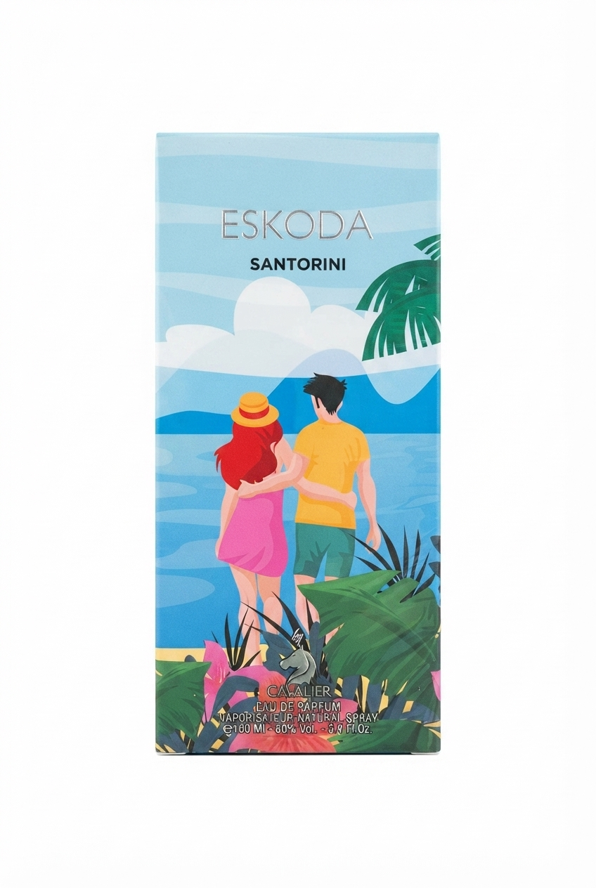 خرید عطر زنانه اسکودا سانتورینی بای کاوالیر Eskoda Santorini by Cavalier با رایحه میوه‌ای، گلی و گرمسیری، مناسب بهار و تابستان.