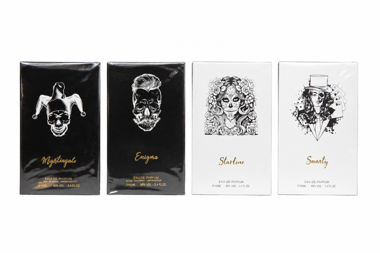 مجموعه ادکلن هرموس HERMOS Eau De Parfum شامل: میستیک Mystique برای آقایان (رایحه دودی چوبی)، انیگما Enigma برای آقایان (رایحه تنباکویی گرم)، استارلوکس Starluxe برای خانمها (رایحه گلی مشکدار) و سوییتی Sweety برای خانمها (رایحه کاراملی پودری) با ماندگاری