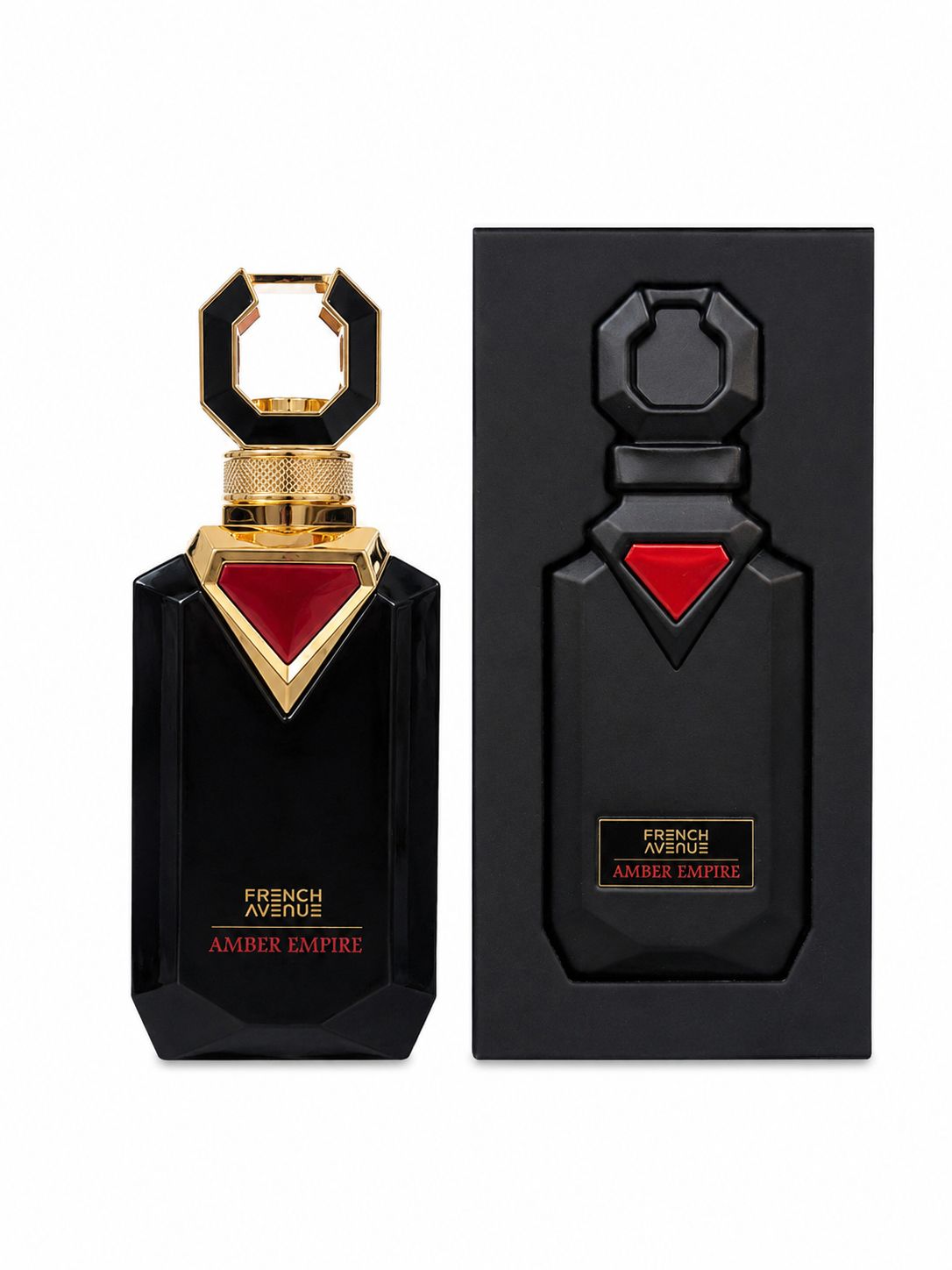عطر ادو پرفیوم لوکس فرنش اونیو امبر امپایر با رایحه گرم شرقی و وانیل، خرید عطر مردانه و یونیسکس ۱۰۰ میل، French Avenue Amber Empire luxury perfume bottle and box, amber and vanilla woody fragrance for men