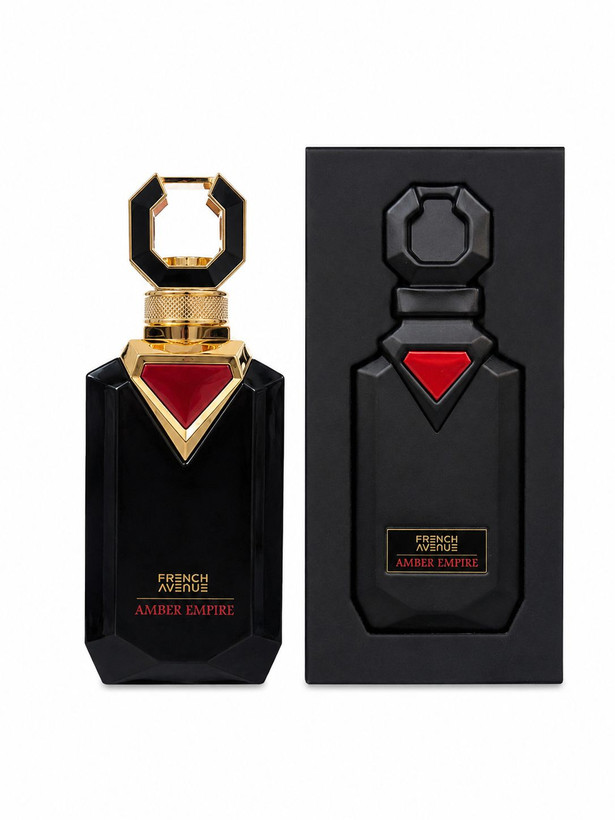 عطر ادو پرفیوم لوکس فرنش اونیو امبر امپایر با رایحه گرم شرقی و وانیل، خرید عطر مردانه و یونیسکس ۱۰۰ میل، French Avenue Amber Empire luxury perfume bottle and box, amber and vanilla woody fragrance for men