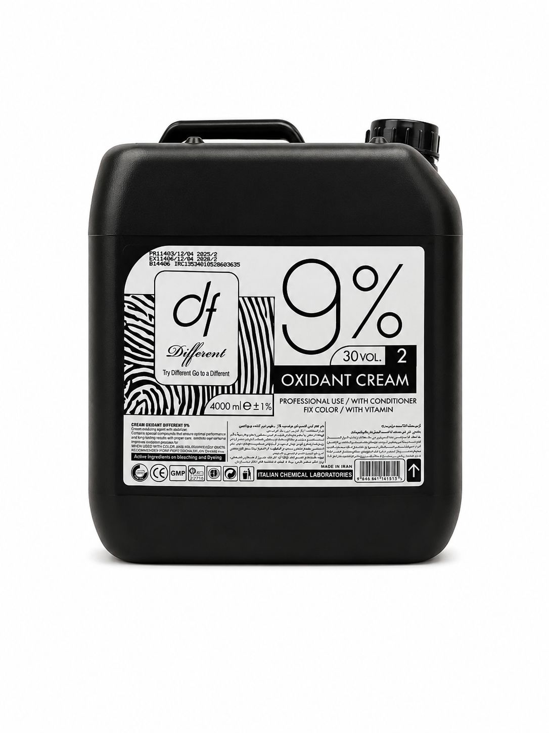 اکسیدان 4 لیتری دیفرنت 9 درصد Different 9 percent oxidant cream 4000ml گالن مشکی دیفرنت با فرمولاسیون ایتالیا برای دکلره و رنگ مو حرفه ای