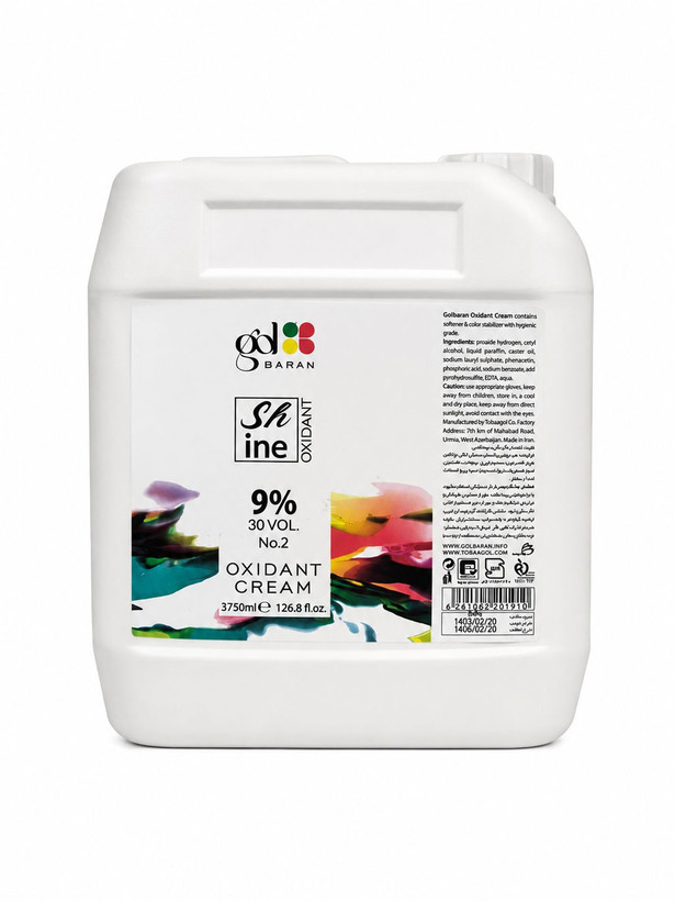 اکسیدان ۹ درصد گلباران شاین ۳۷۵۰ میل Golbaran Shine 9% Oxidant Cream با نرمکننده و تثبیتکننده رنگ گالن اکسیدان گلباران نمره ۲ مدل Shine، کرم اکسیدان حرفهای 30 Vol حجم 3750ml مناسب سالن زیبایی کرم اکسیدان مو گلباران ۹ درصد Golbaran Professional Oxidant