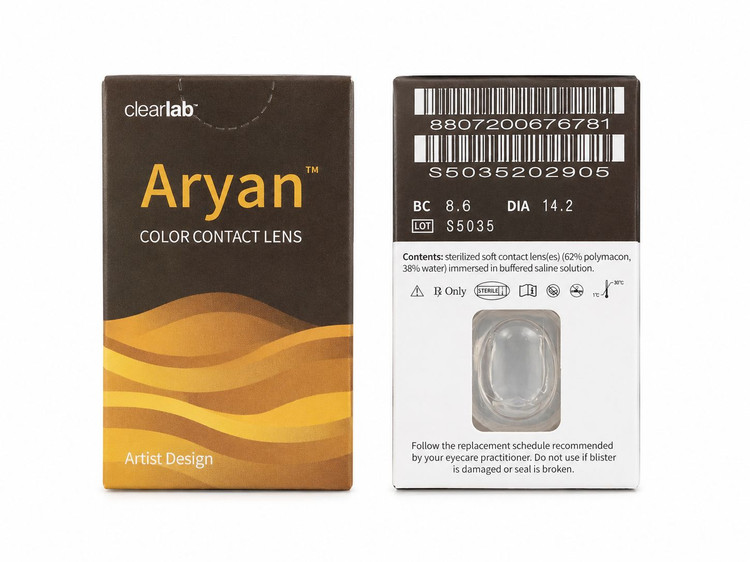 لنز رنگی آریان Aryan از برند ClearLab مدل Artist Design با قطر ۱۴.۲ میلیمتر و انحنای پایه ۸.۶، در بستهبندی مشکی و طلایی