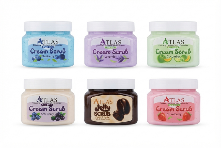 اسکراب صورت و بدن اطلس ATLAS Cream Scrub روایح بلوبری توت فرنگی قهوه لاوندر خیار آسای بری لایه بردار پوست و بدن