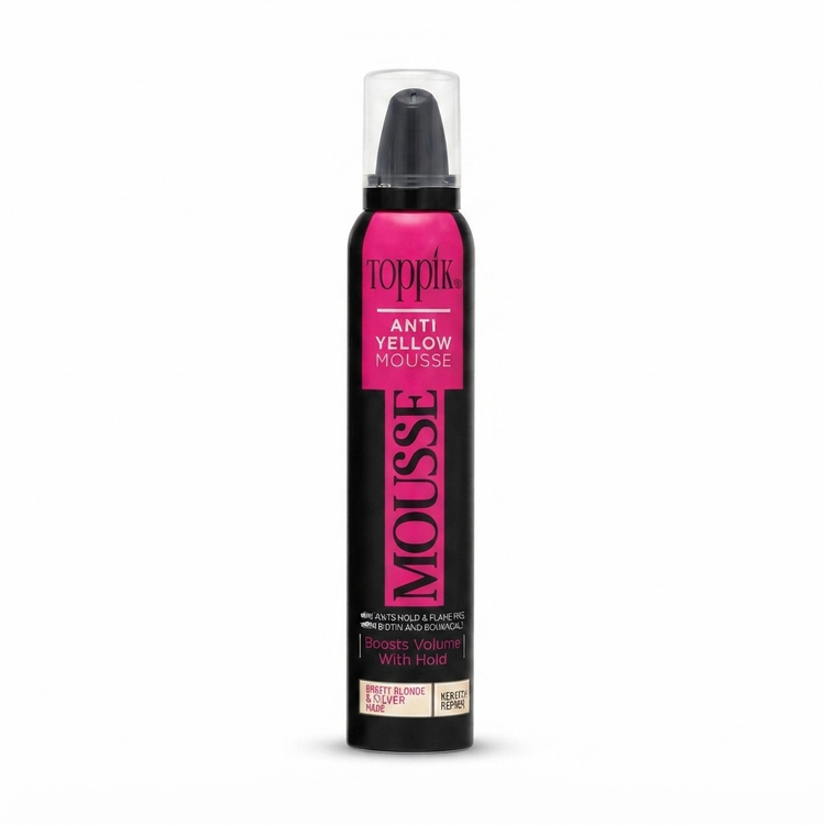 موس مو تاپیک TOPPIK Hair Mousse مدلهای ضد زردی و کراتینه ۲۰۰ میل فوم حالت دهنده و حجم دهنده مو تاپیک اصل با ماندگاری ۲۴ ساعته عکس انواع موس مو تاپیک مشکی و رنگی TOPPIK Hair Filler موس مو ضد زردی تاپیک Anti Yellow Mousse برای موهای بلوند و دکلره قیمت موس ح