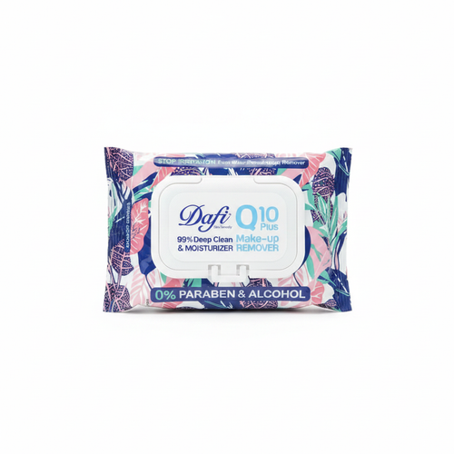 دستمال مرطوب آرایش پاککن دافی مدل Q10 Plus غنیشده با کوآنزیم کیو ده، پاککننده آرایش ضدآب، آبرسان و فاقد پارابن و الکل مناسب انواع پوست.”