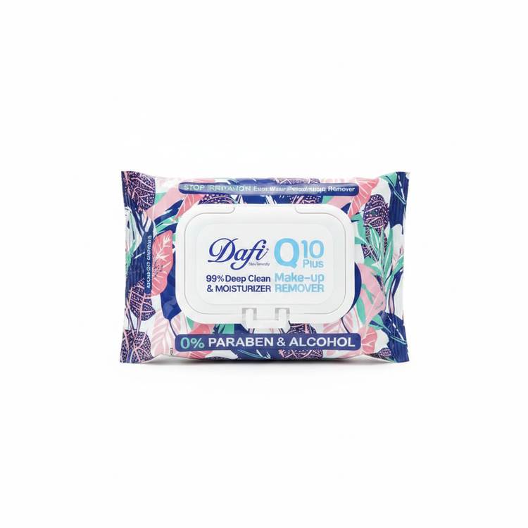 دستمال مرطوب آرایش پاککن دافی مدل Q10 Plus غنیشده با کوآنزیم کیو ده، پاککننده آرایش ضدآب، آبرسان و فاقد پارابن و الکل مناسب انواع پوست.”