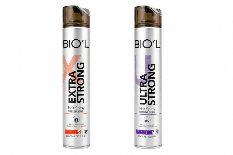 اسپری حالتدهنده مو برند BIO’L در دو مدل Extra Strong و Ultra Strong با بستهبندی متالیک نقرهای، فرمول حرفهای برای تثبیت قوی و ماندگاری طولانی مدل مو.