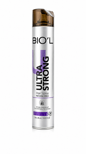 اسپری حالتدهنده مو بیول (BIO’L) مدل Extra Strong با درجه قدرت ۵، تثبیتکننده حرفهای مو با ماندگاری بالا و جلوه طبیعی در قوطی متالیک نقرهای.
