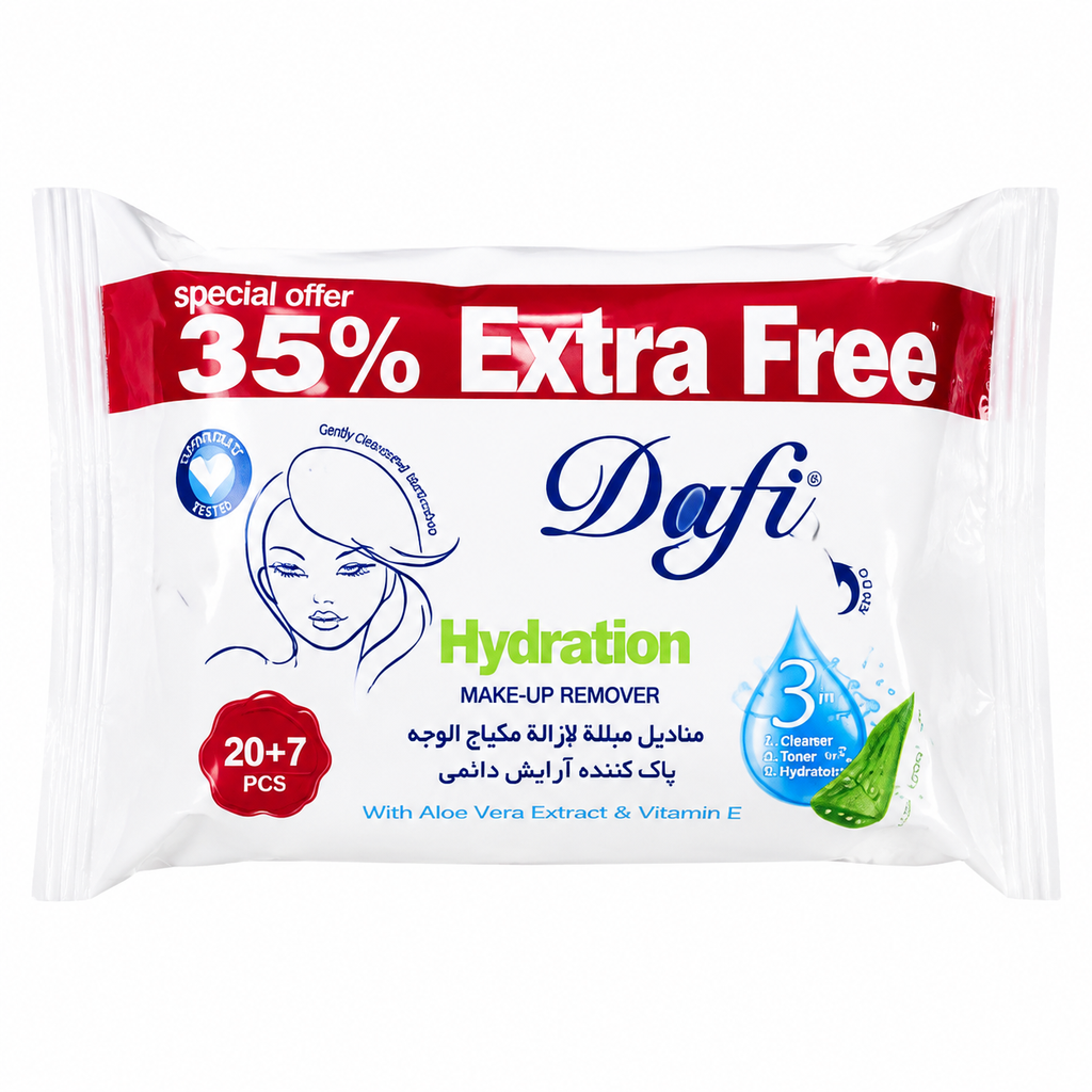 دستمال مرطوب پاک کننده آرایش دافی مدل آبرسان Hydration سه در یک حاوی ویتامین E و آلوئه ورا بسته 20 به علاوه 7 عددی