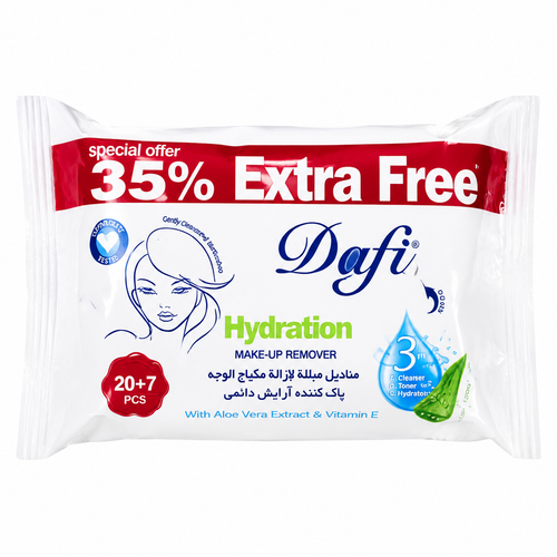 دستمال مرطوب پاک کننده آرایش دافی مدل آبرسان Hydration سه در یک حاوی ویتامین E و آلوئه ورا بسته 20 به علاوه 7 عددی
