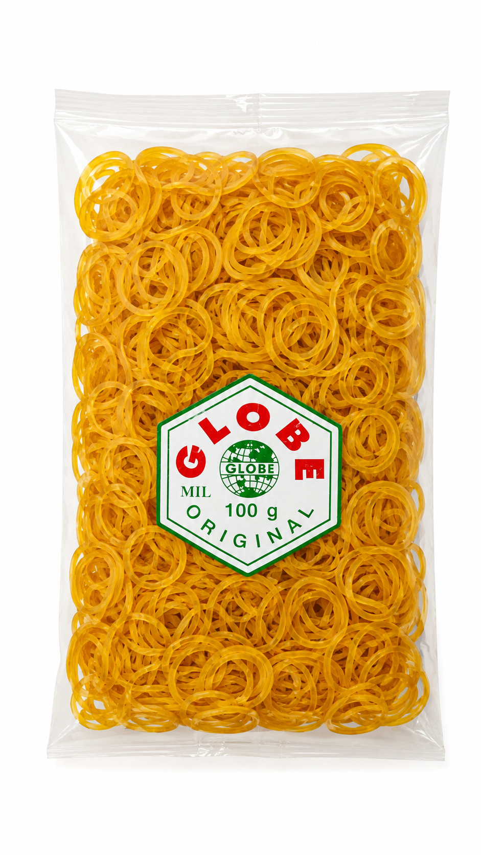بسته‌بندی ۱۰۰ گرمی کش‌های لاستیکی زرد رنگ برند گلوب (Globe Original) , کش پول و شینیون ۱۰۰ گرمی برند گلوب با کیفیت بالا ,کش لاستیکی کوچک گلوب