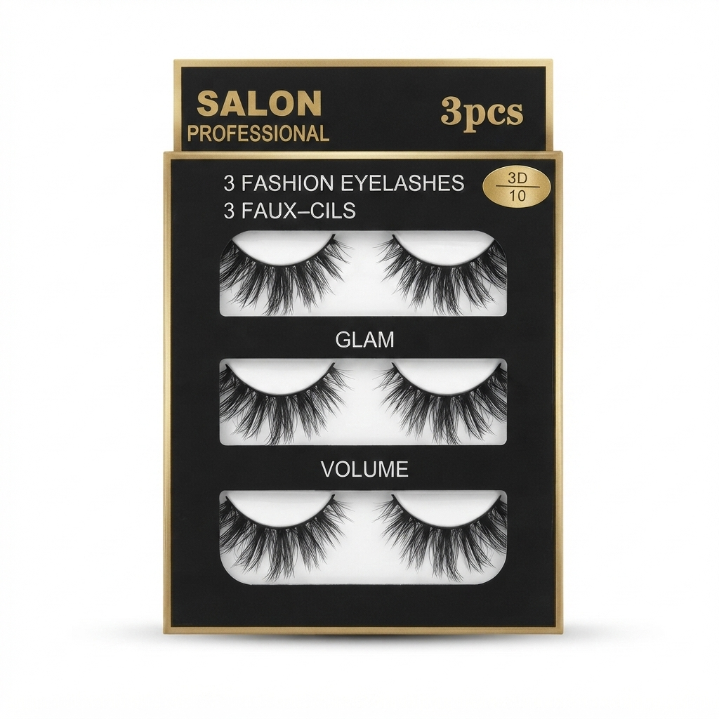 جعبه مشکی و طلایی مژههای مصنوعی Salon Professional 3D 10، شامل 3 جفت مژه مدل Glam، Volume، Sexy با بستهبندی لوکس. ،بسته مژههای سه بعدی فشن سالن پروفيشنال مدل Glam، دارای 3 جفت مژه با ظاهری طبیعی و زنانه،