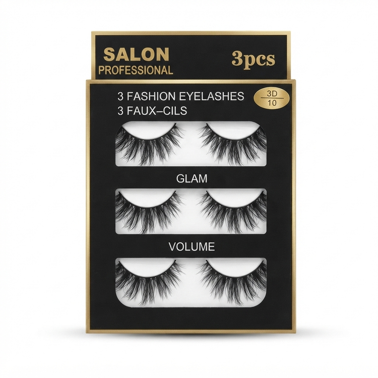 جعبه مشکی و طلایی مژههای مصنوعی Salon Professional 3D 10، شامل 3 جفت مژه مدل Glam، Volume، Sexy با بستهبندی لوکس. ،بسته مژههای سه بعدی فشن سالن پروفيشنال مدل Glam، دارای 3 جفت مژه با ظاهری طبیعی و زنانه،